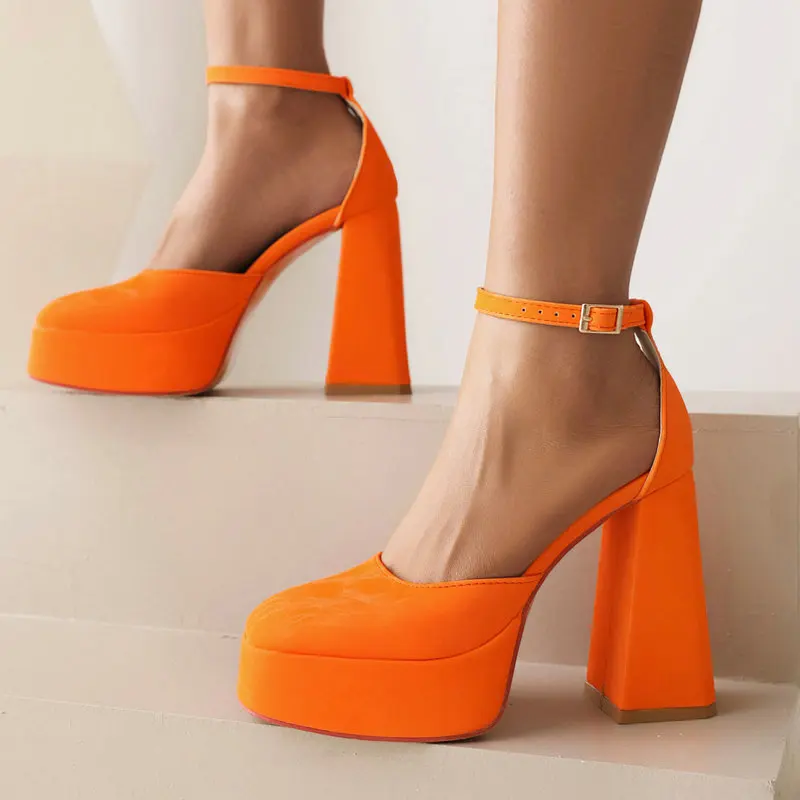 Orange Pink Closed Toe 2023 Summer Sexy Lady Party Wedding Pumps Platform Mary Janes Block High Heels Women Heeled Sandals Shoes