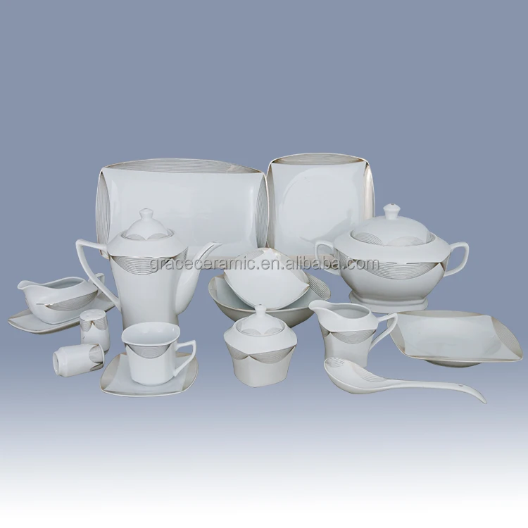 Custom Design Western 125 Pcs Square Shape Ceramic Fine China Porcelain Gold Rim Dinnerware Sets for Hotel Restaurant