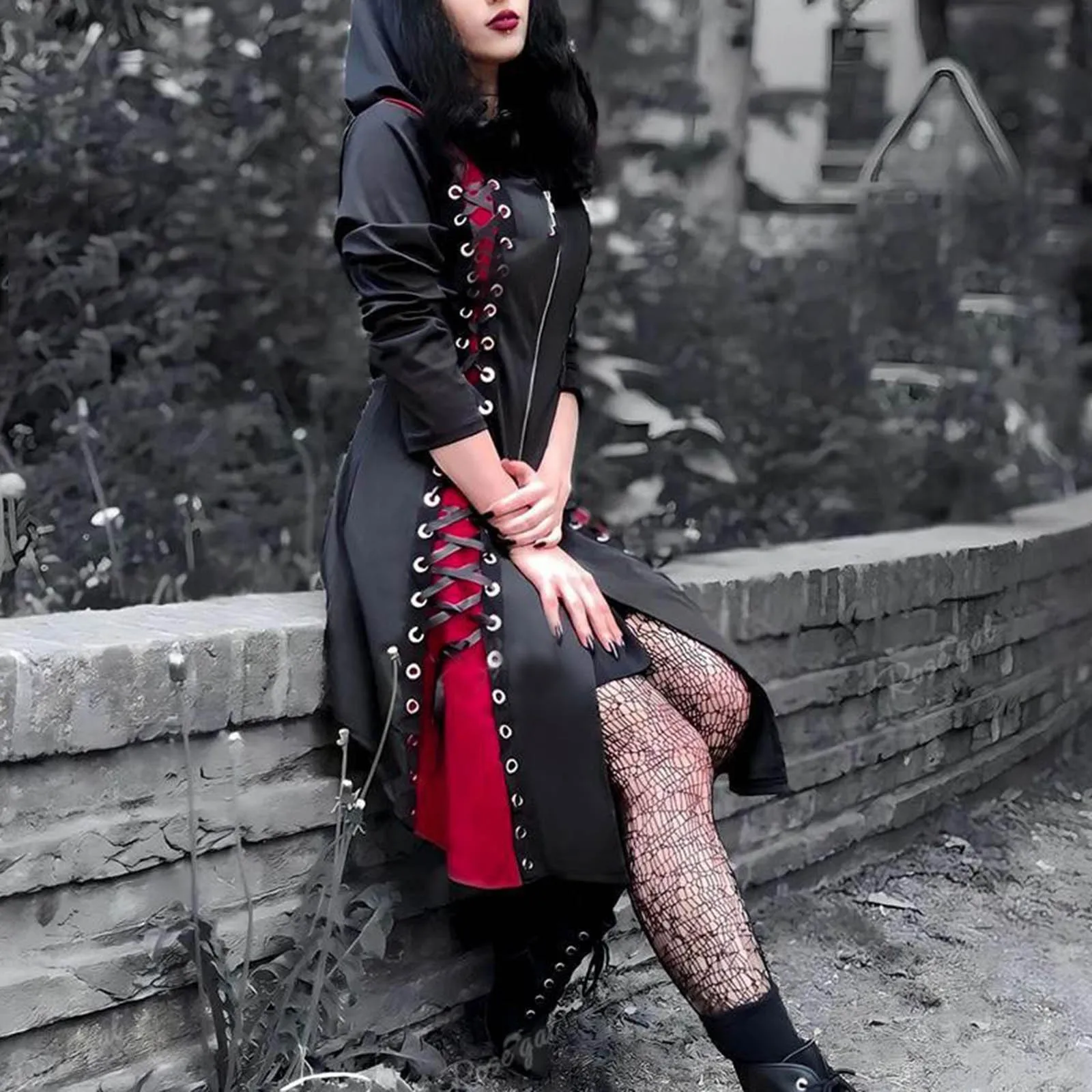 

2023 Gothic New Hooded Colour Blocking Midi Dresses Long Sleeves Asymmetrical Zipper Coat Dress Women Halloween Hoodies Dress