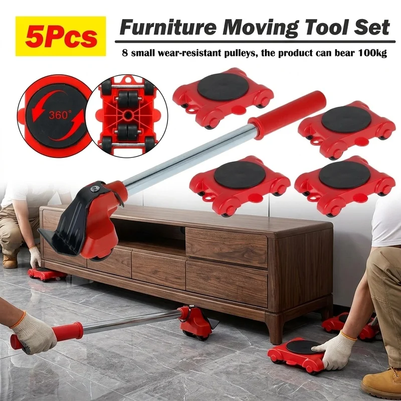 5Pcs Furniture Lifter Mover Tool Set Heavy Duty Roller Wheels Moving Device with Bar Lifting Helper for Sofa Cabinet Appliance