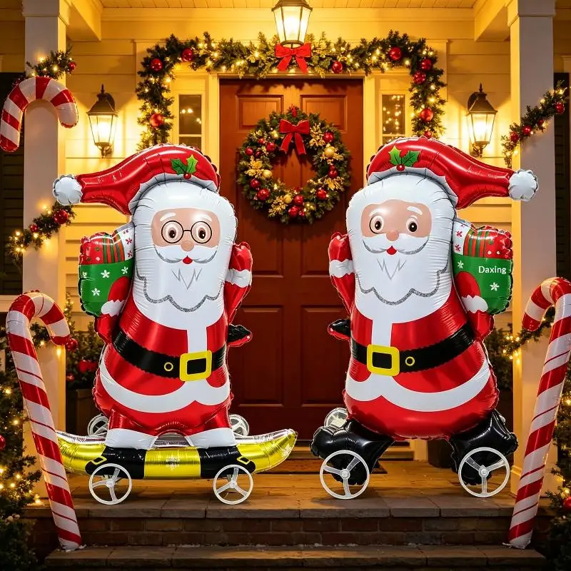 【K】Cartoon Animal Stand Walking Balloon With Wheels Inflatable Cute Santa Claus Foil Balloon For Christmas Party Decor Kids Gift