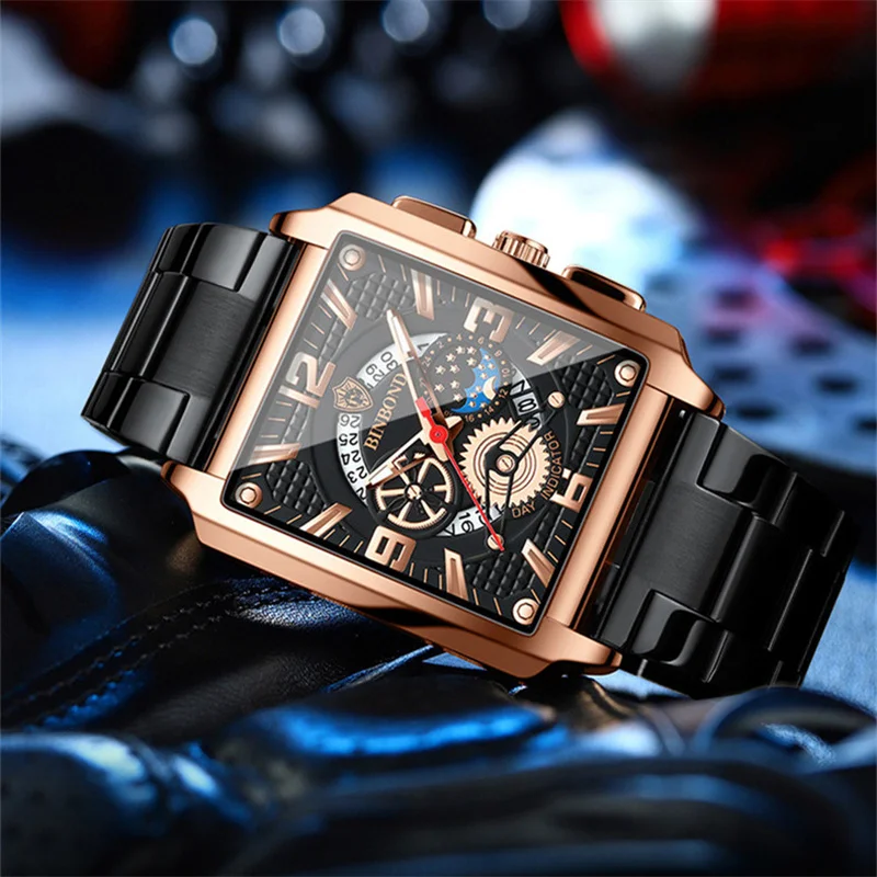 Binbond Authentic Men Watch Square Stainless Stee Waterproof Man Wristwatch Luxury Quartz Calendar Hollow Original A4303