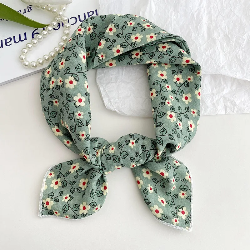 Square Scarf Cotton Linen Floral Print Lightweight Breathable 56cm Versatile Head Wrap Neck Cover Daily Commute Accessory Women