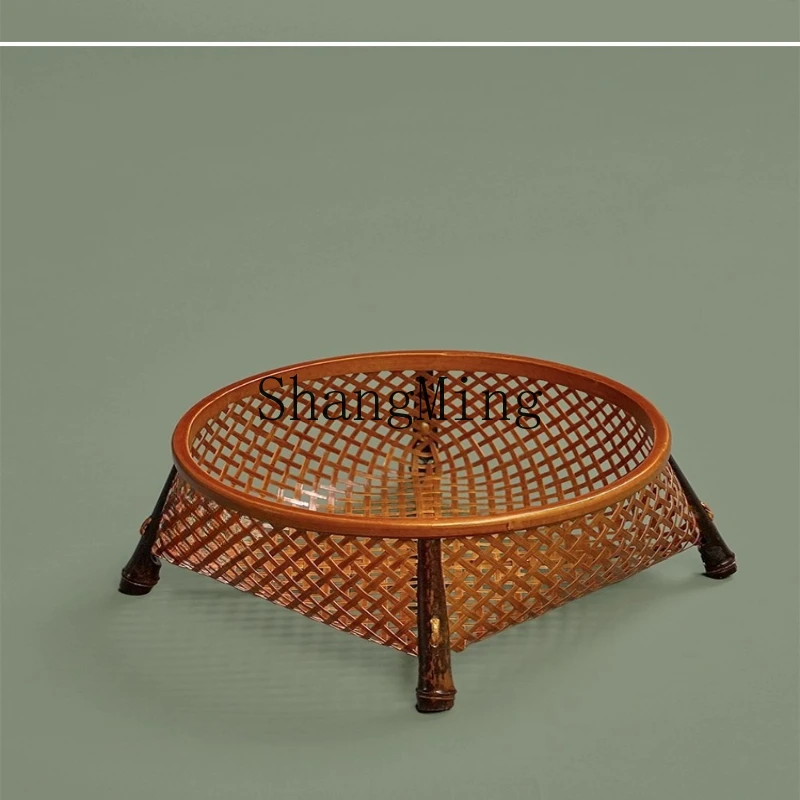 

FG Handmade Bamboo Teacup Basket Fruit Basket Chinese Retro Round Mouth Storage Basket Snack Dim Sum
