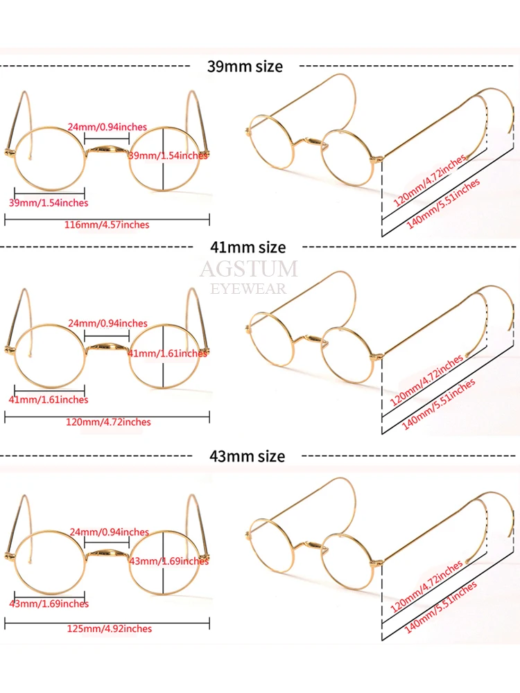 Retro Small Round Wire Rim Glasses, Vintage Optical Eyeglass Frame with Cable Temples and Ear Hooks