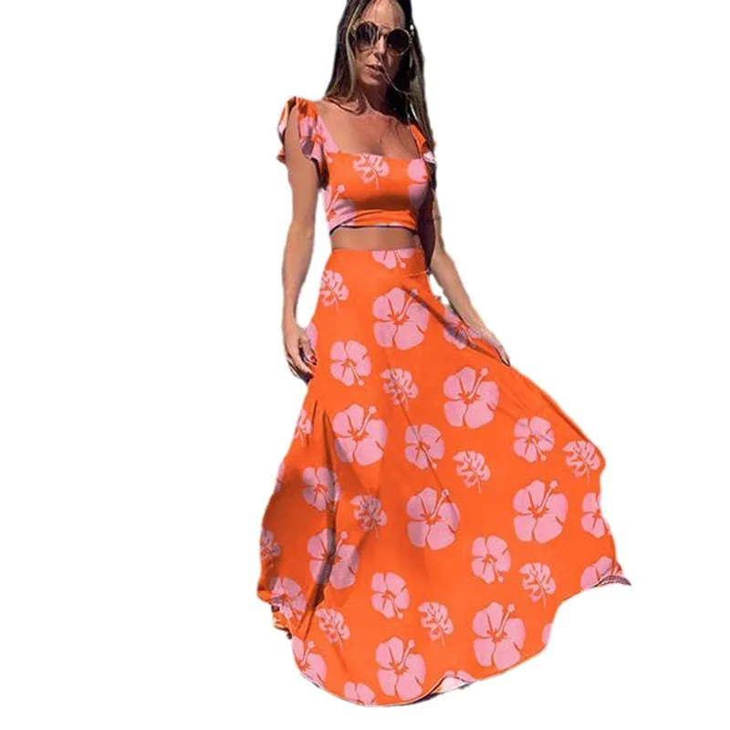 Bohemian Style Print Skirt Two Piece Set Women Sexy Cropped Top High Waist A-line Skirts Piece Sets Casual Vacation Lady Suits