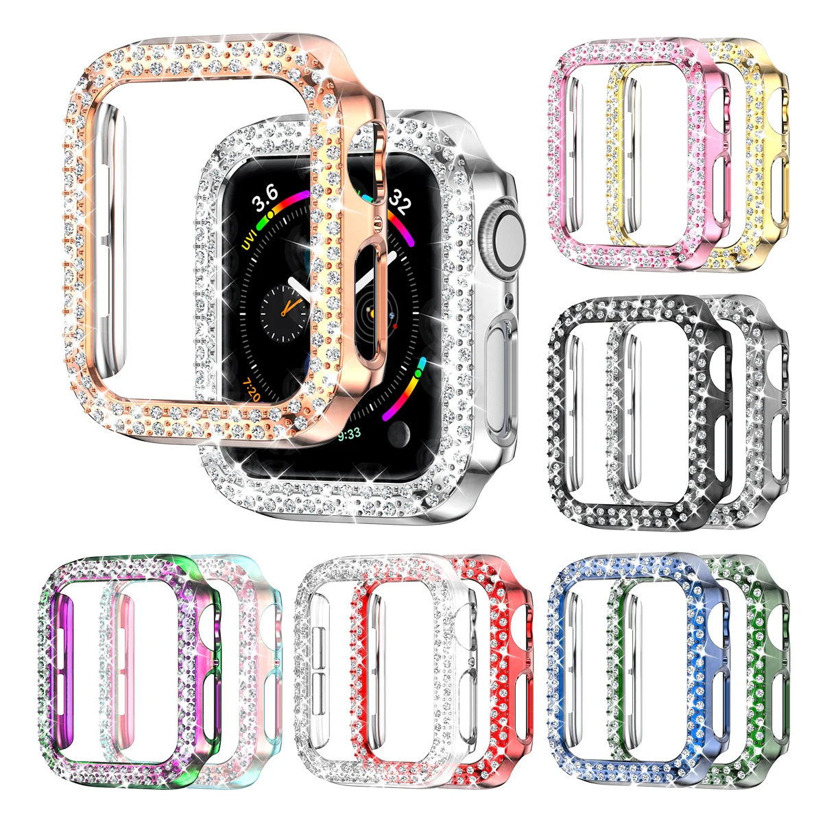Funda brillante para Apple Watch Series 8, 7, 6, 5, 4, 3, 2, 1 (sin pantalla), marco Protector de diamantes de imitación con purpurina para mujer