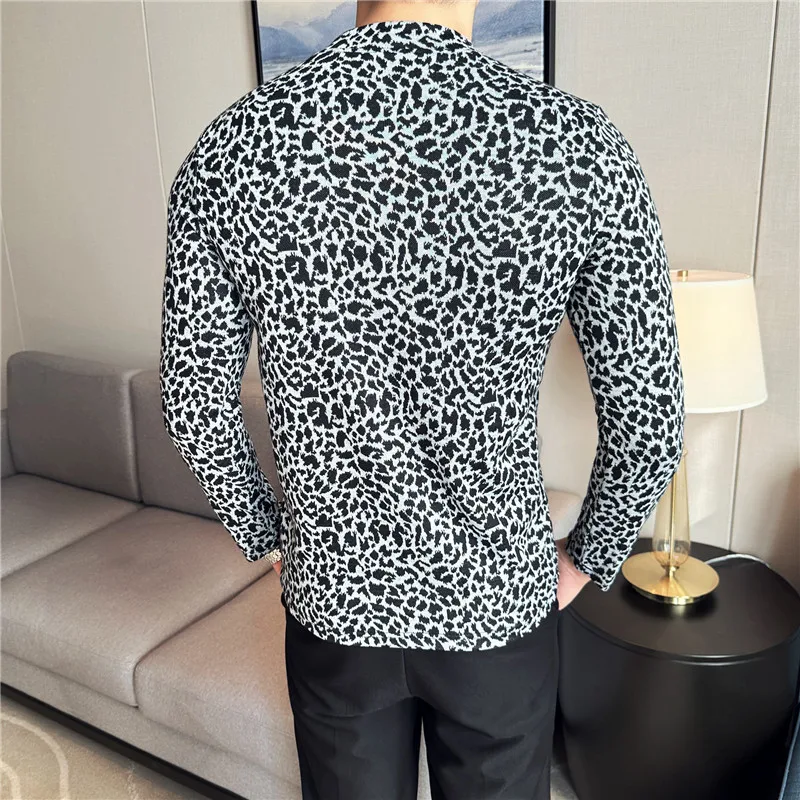 High Stretch Printing T-shirt Long Sleeved 2024 Autumn New Semi High Neck Fashionable Slim Fit Leopard Print Tee Men Clothing