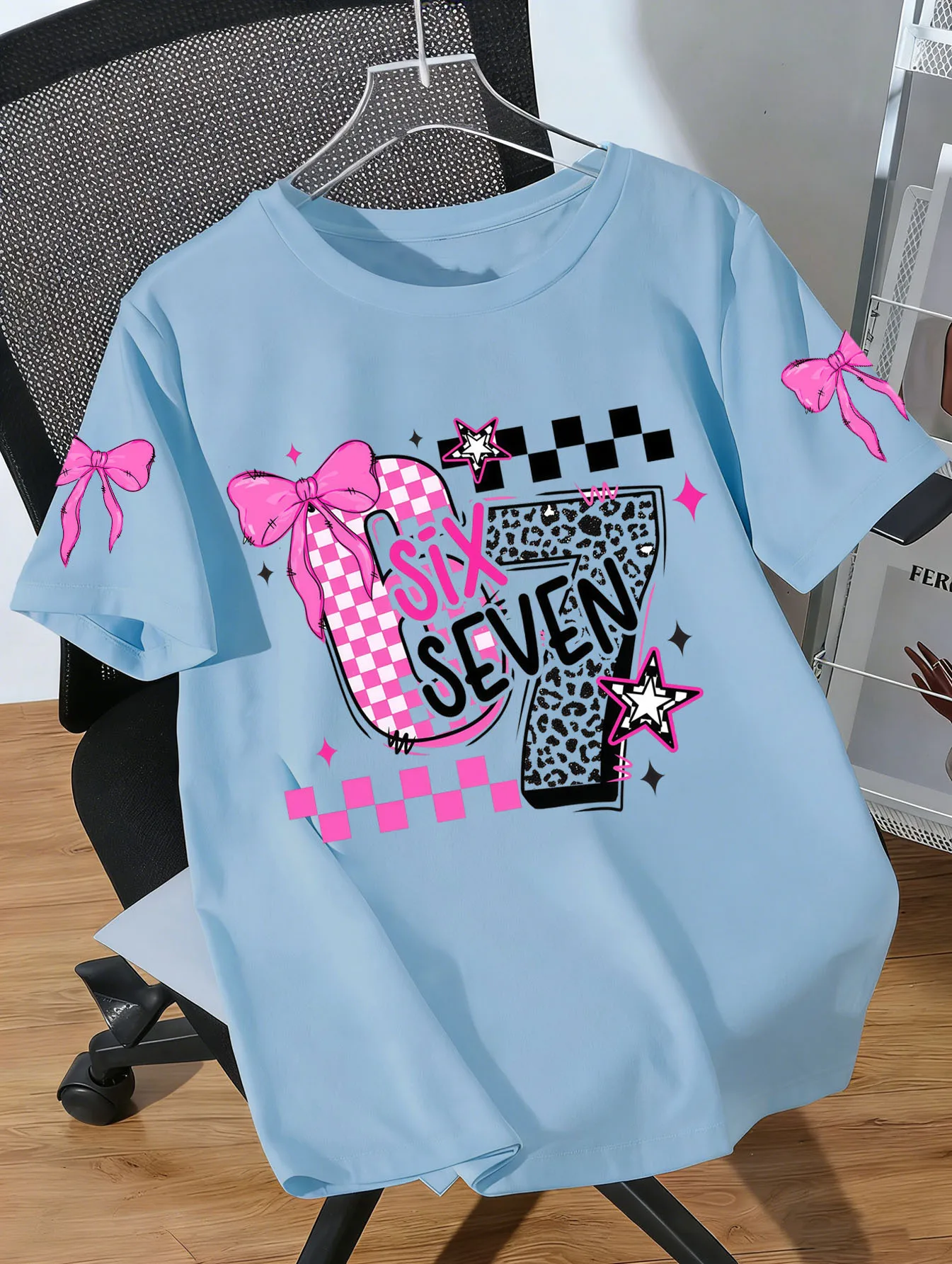 Y2K 67 SIX SEVEN Print Kids T-shirt Pink Bow Checkerboard Short Sleeve Cotton Tee Girls Casual Streetwear Tops