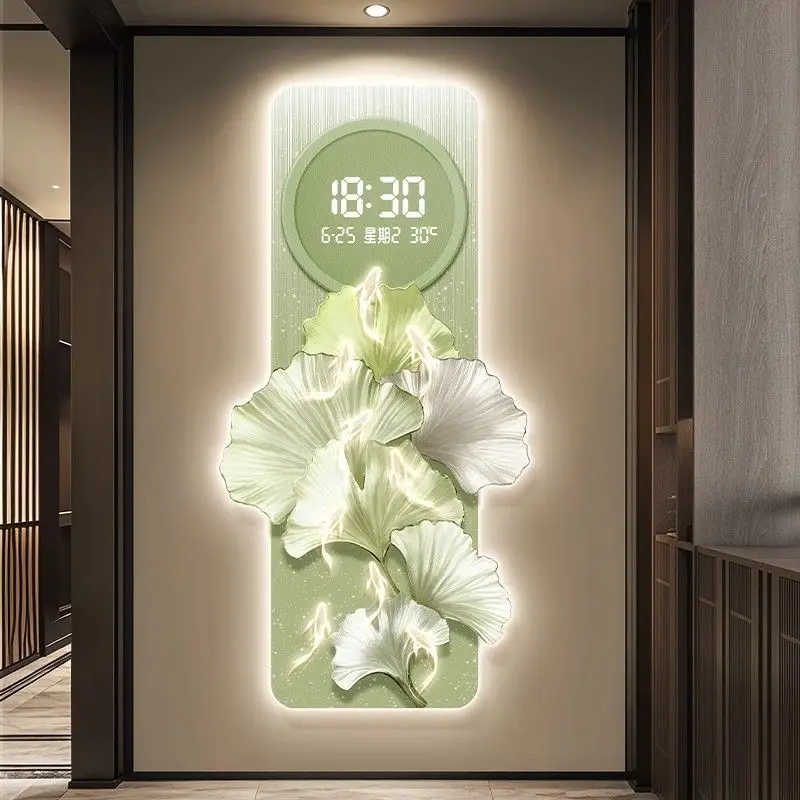 Modern Entrance Ginkgo Leaf Digital Wall Clock Mute Restaurant Clock Corridor Wall Decor Decoration Mural LED 3D Light Painting