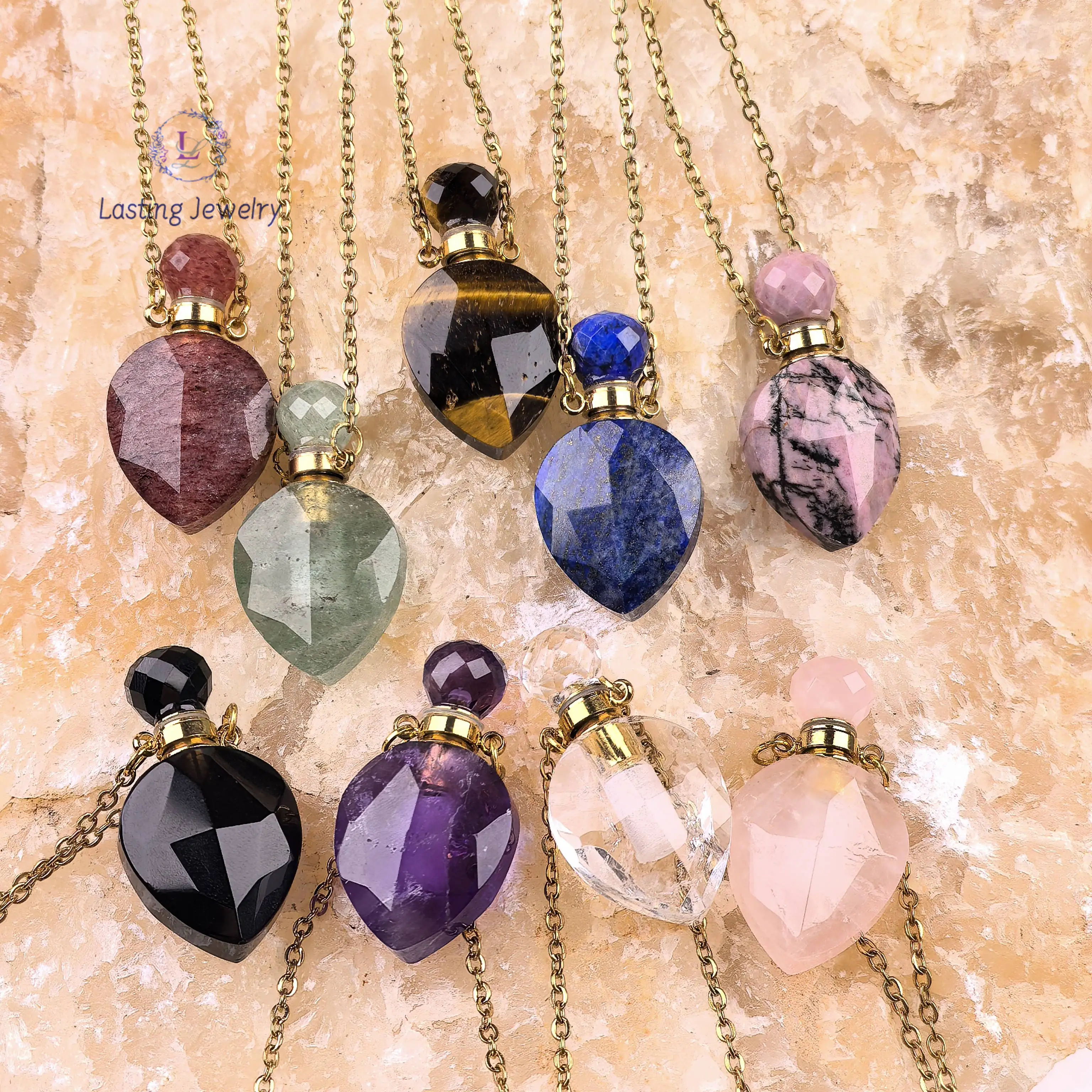 

Natural Gemstone Heart Essential Oil Diffuser Vial Charms Faceted Crystal Rose Quartz Perfume Bottle Pendant Necklace Jewelry