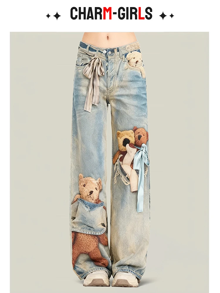 

Джинсы с принтом Bear Design для женщин, весна-осень, в американском стиле, с эффектом потертости, ретро, модные, в пол, для создания индивидуального образа.