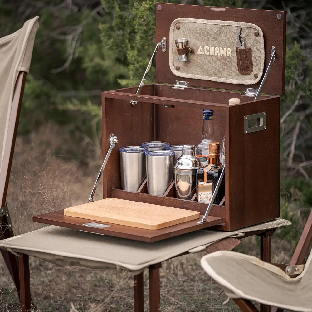 Portable Travel Bar - Handcrafted Wooden Bar Case with Cocktail Tools, Camping Bar Kit, Canvas & Hardwood