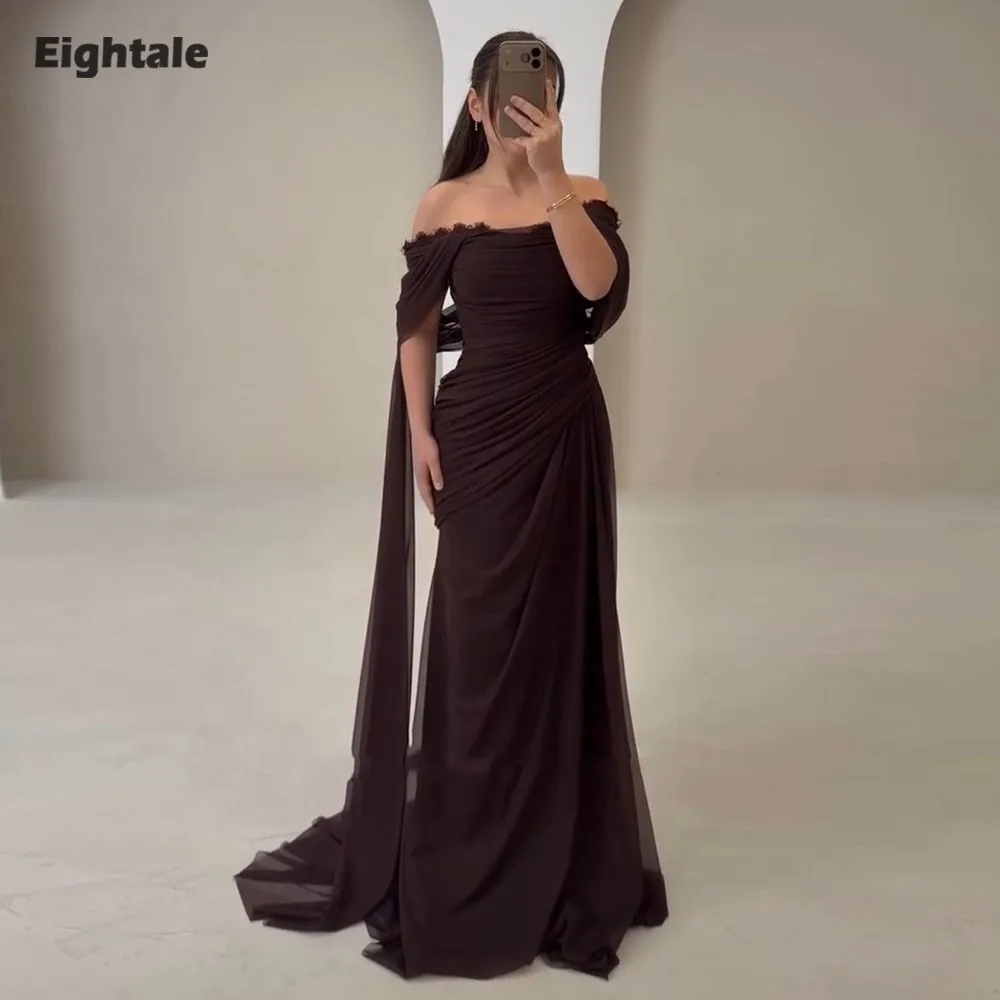 Eightale Arabisches Abendkleid aus Chiffon, maßgeschneiderte Falten, schulterfrei, Spitze, Abendkleid, Partykleid, Robe De Soiree