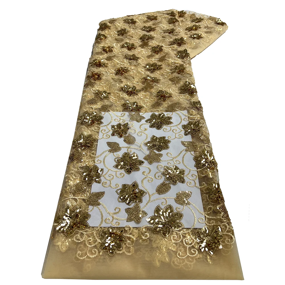 African Sequins Flocking Lace Fabric