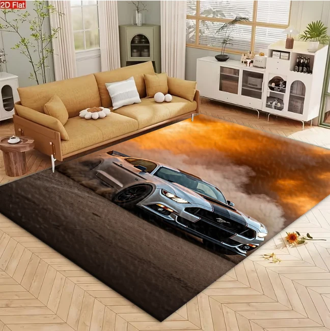 Silver Sports Car Desert Sunset Carpet Flooring, Cool Automobile Non-Slip Floor Rug for Living Room Teen Bedroom Home Decoration