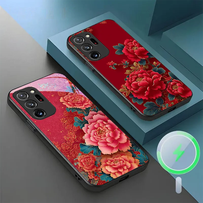 For Samsung S 25 Ultra 24 Magnetic Glass Phone Case Floral Blossom Pattern Anti Dust Protective Cover