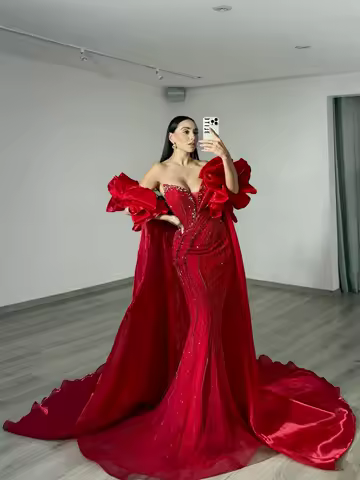 Luxurious Dubai Nude Strapless Mermaid Beaded Evening Dress Detachable Sleeves Party Gown Wasisi 2025 ELA72896 Customized