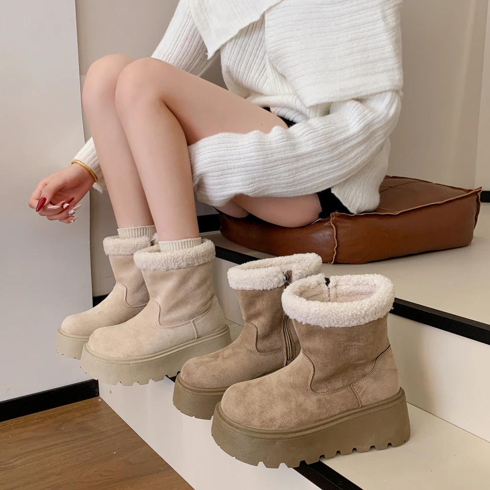 

Women's Short Snow Boots Thick Bottom Heightening Fleece Lined Fur Booties Korean Style Slip-On Cotton Shoes PU Material