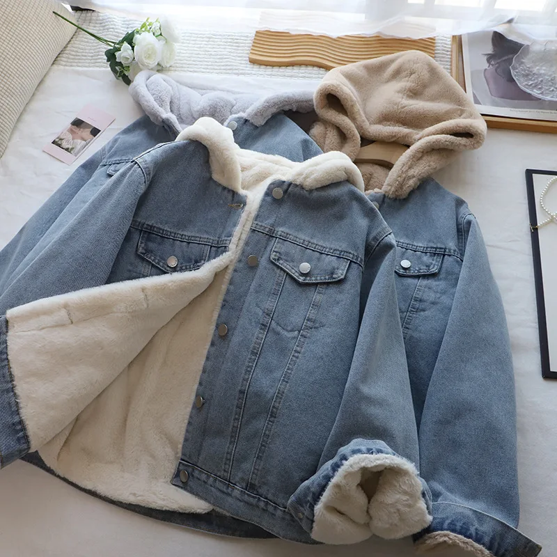 

Women's Fce Lined Thiened Denim Jaet Autumn Winter New Sle Hooded Lamb Fur Loose Versatile Cotton Coat Top
