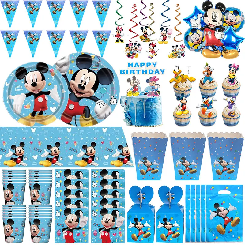 Décoration de fête d'anniversaire Mickey Mouse, vaisselle Mickey bleue, gobelets, assiettes, ballons, toile de fond, panneaux, sac cadeau, fournitures de fête pour enfants
