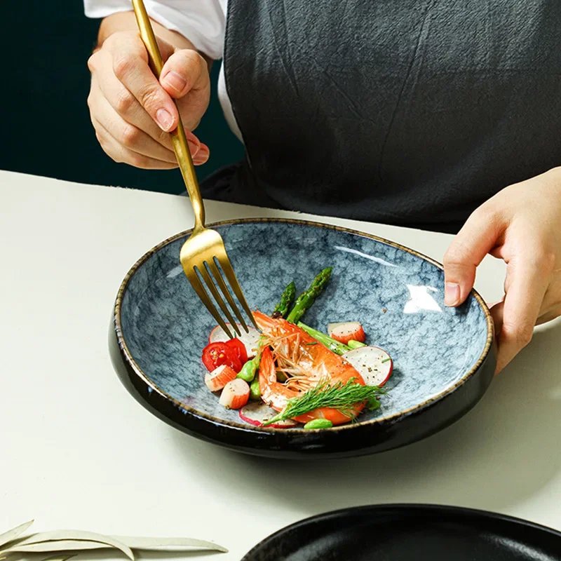 8-Inch thick-edged round bowl, high-value cross-border plate, exquisite cooking, tableware, underglaze color craft vegetable