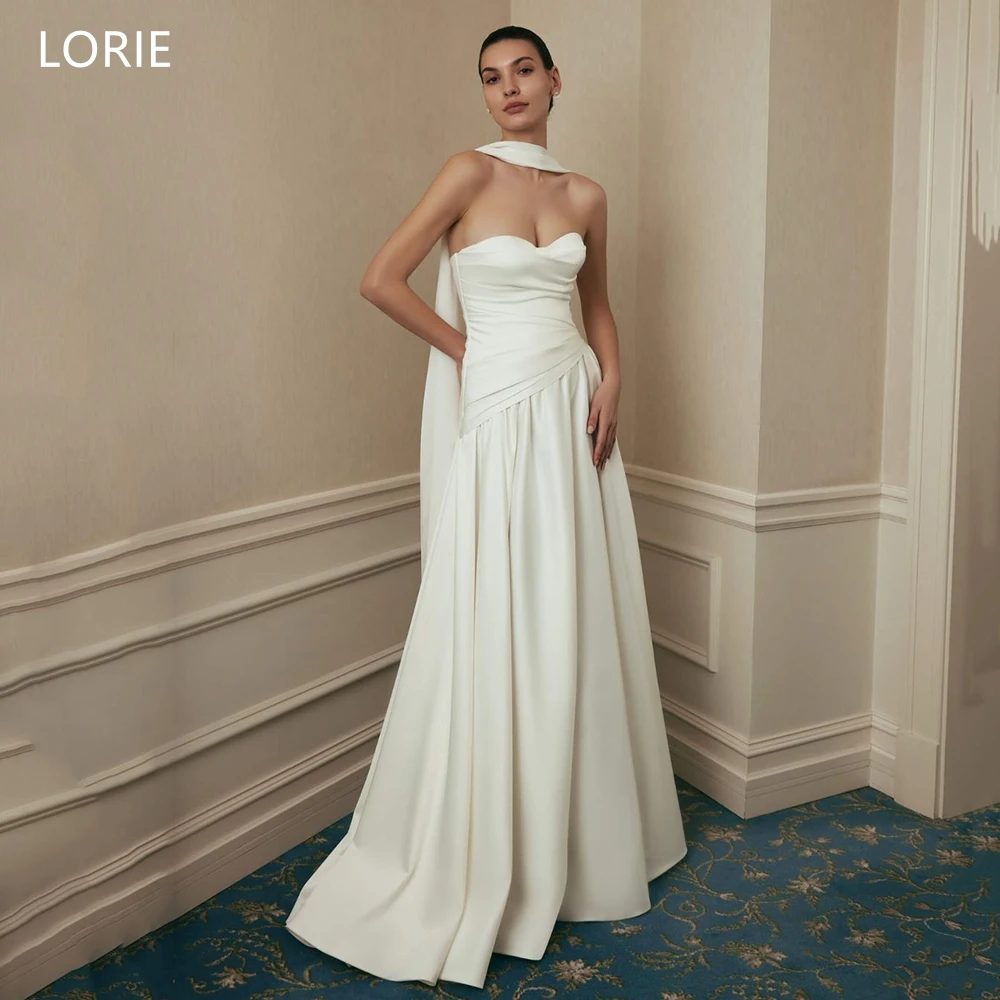 

LORIE Satin Simple Wedding Dresses Pleats Strapless Ribbons Bride Prom Gown Draped A-Line Bridal Gowns Customized