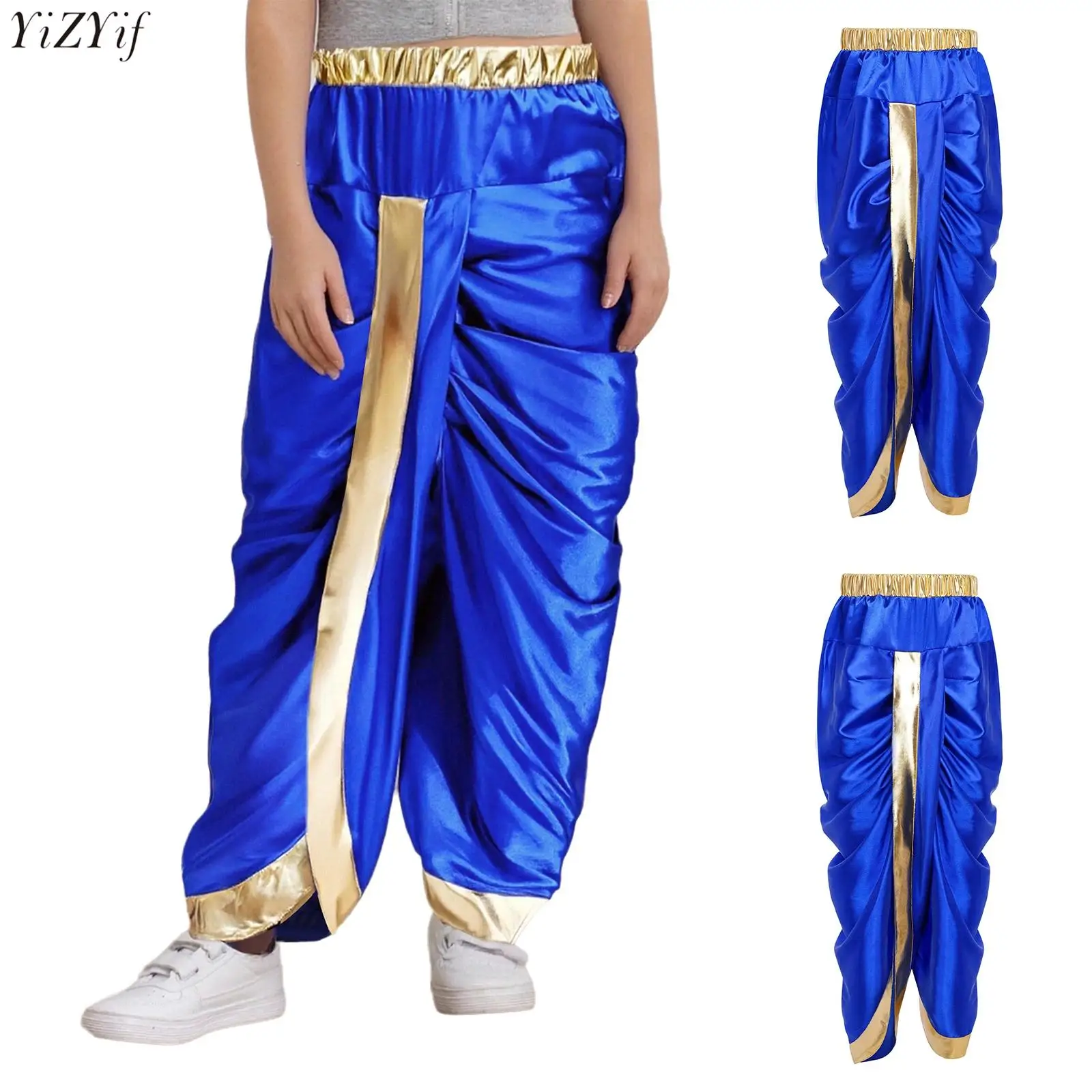 

Boys Silky Belly Dance Harem Pants High Waist Loose Fit Long Trousers Arabian Princess Cosplay Costumes Bloomers Dancewear