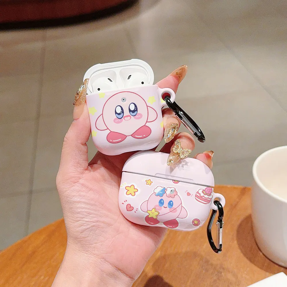 น่ารัก Kawaii K-Kirbys กันกระแทกป้องกัน Glossy HD Hard PC หูฟังสําหรับ AirPods 1 2 3 4 Pro Pro2 พร้อมตะขอโลหะ