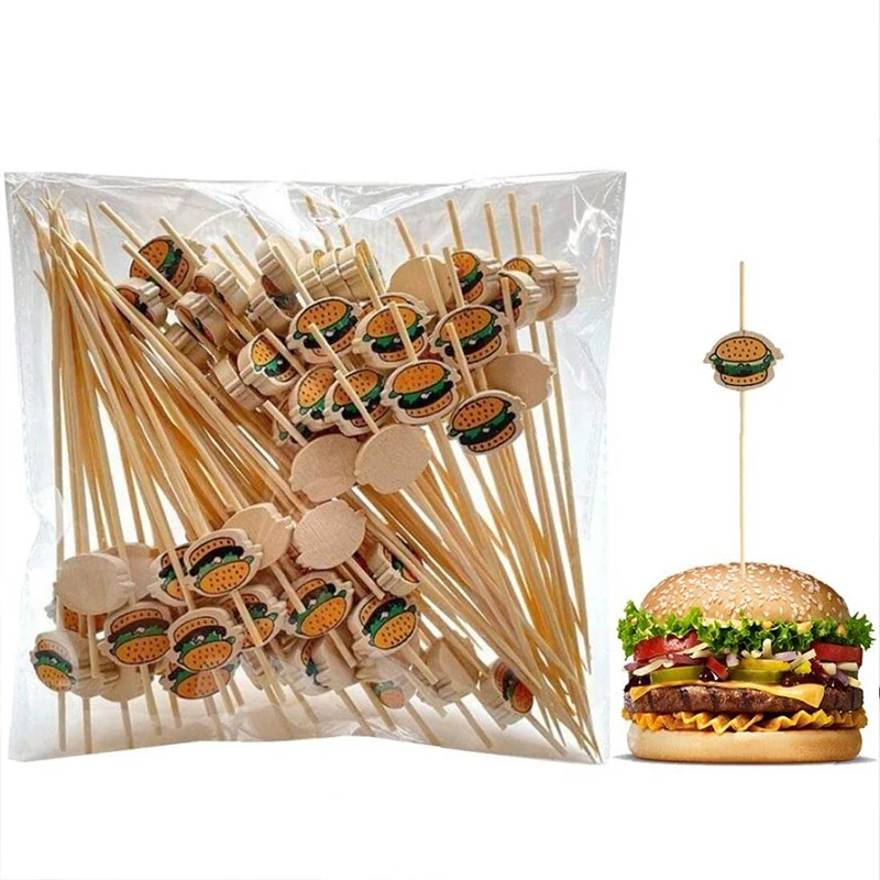 100 Pcs Burger Decorated Bamboo Sticks Disposable Fruit Sticks Snack Skewers Party Buffet Bamboo Food Picks Sandwich Decoration