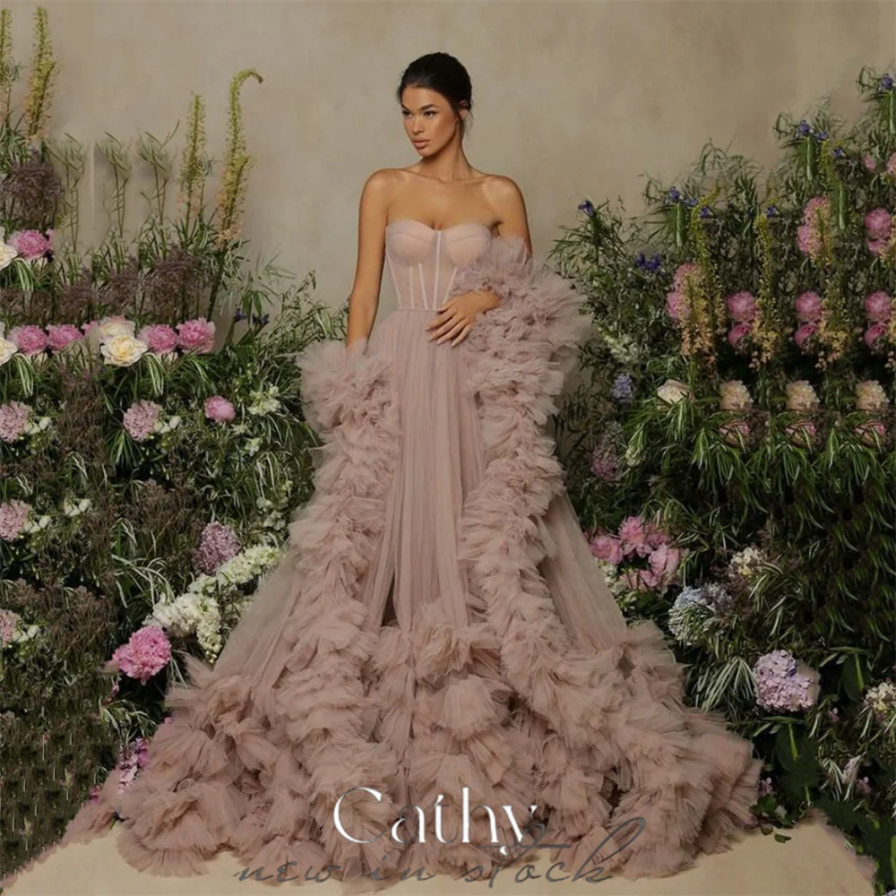 Cathy Sexy Tube Top فساتين سهره فاخره2023 Elegantly Tulle A-line Prom Dresses Princess Crimping Shawl Vestidos De Noche