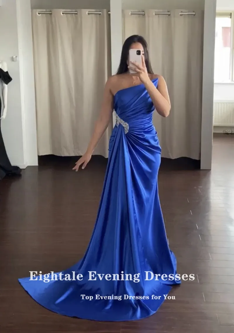 Eightale Royal Blue Evening Dress for Wedding Party Satin Beaded Customized Arabic Elegant Long Prom Gowns Celebrity Gown