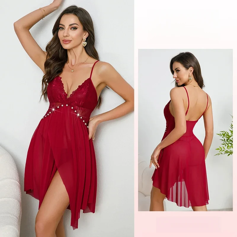Sexy Nachthemd mit Spitzenträgern, mit Perlen verziert, durchsichtiges Netz, direkte einfarbige, rückenfreie, tiefe V-Hosenträger, ärmelloses Kleid