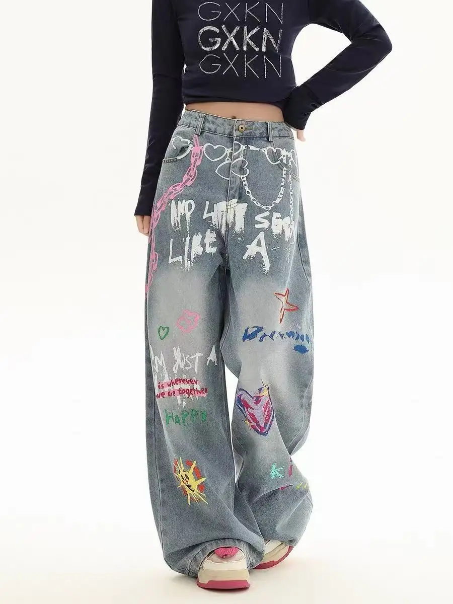 

Уличная одежда Harajuku Y2K, женская кавайная одежда, мешковатые джинсы в стиле ретро с героями мультфильмов, повседневные джинсы в стиле хип-хоп с граффити, прямые широкие штанины