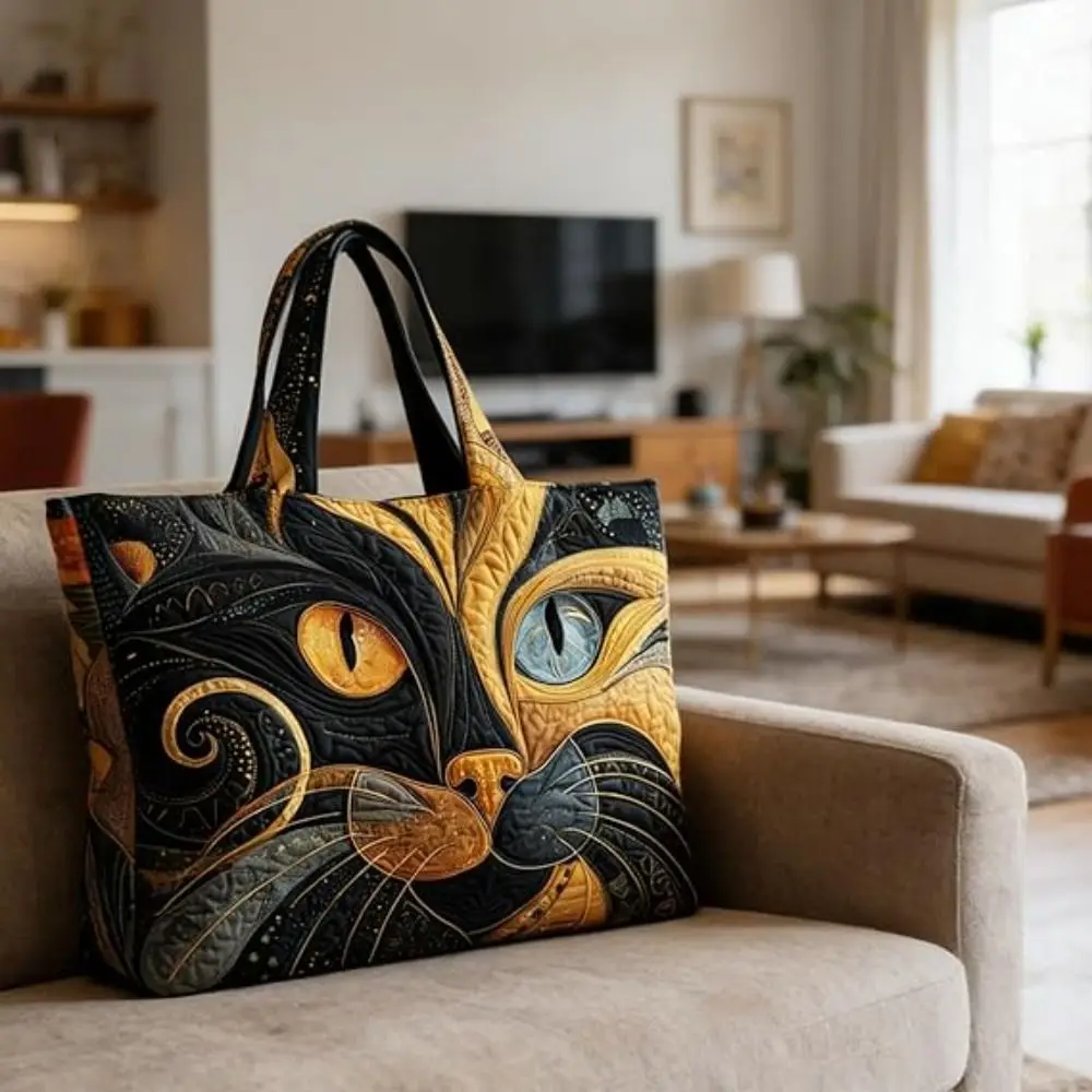 Cat Patterns Women Quilted Tote Bag Vintage Lightweight Travel Handbag Cotton Large Capacity Shopping Bag Lady Girl view 3