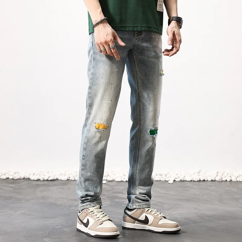 Street Fashion Men Jeans Retro Washed Blue Elastic Slim Fit Painted Ripped Jeans Men Patched Designer Vintage Denim Pants Hombre