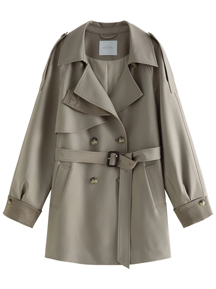 DUSHU Classic Retro doppio petto Trench donna lunghezza una mano colletto rovesciato grigio Color kaki Trench 24 ds81166