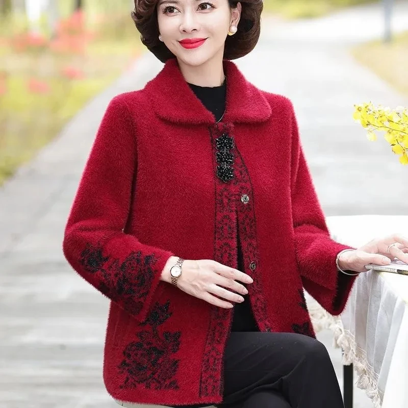 Middle Aged Elderly Women\'s Thicken Cardigan Sweater NEW Autumn Winter Imitation Mink Velvet Sweater Coat Laper Knitted Jacket