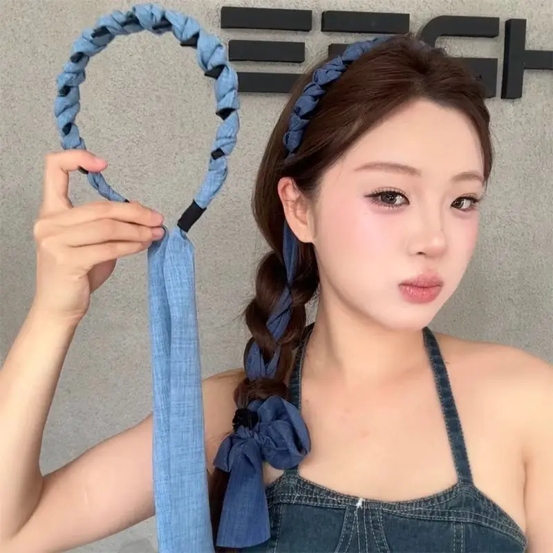

2pc Fashion Vintage Solid Denim Ribbon Hairband for Women Girls Elegant Korean Hair Hoops Headband Accessories