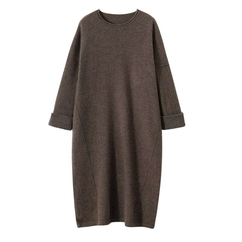 High-end New 100% Cashmere Sweater Long Dress Women Fashion Knitted Dresses Female Loose Large Size O-Neck Pullover 5Colors