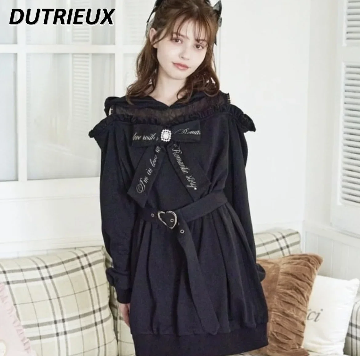 

Japanese Clothes Autumn and Winter Hooded Lace Long Sleeve Embroidered Bow Sweatshirt Dress Women Lolita Loose Mid-Length Hoodie