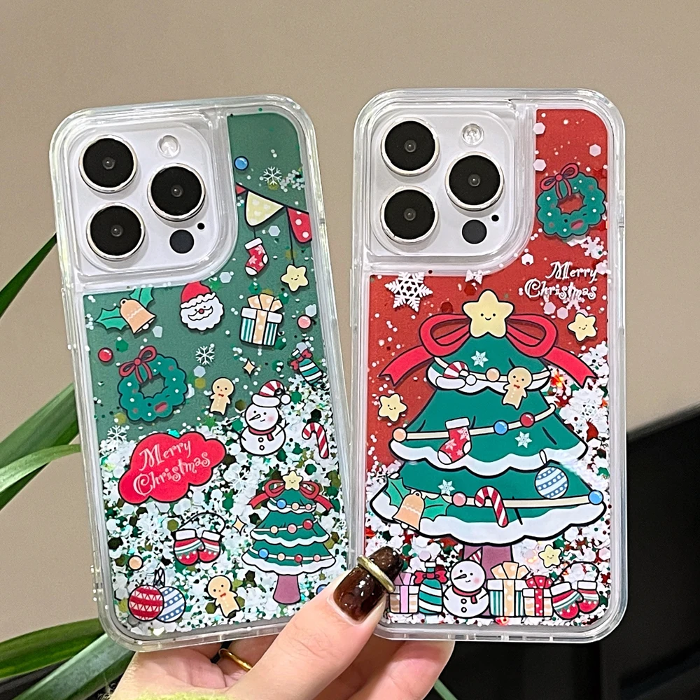 Liquid Quicksands Glitter Sequins Phone Case for iPhone 11 12 13 14 15 16 Pro Max Merry Christmas Tree Snowman Cover Xmas Gifts