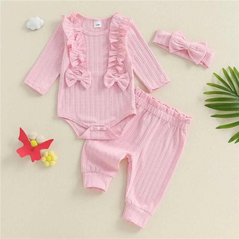 

Newborn Baby Girl Fall Outfits Solid Ruffled Trim Crew Neck Long Sleeve Romper Pants and Bow Headband 3 Pcs Set