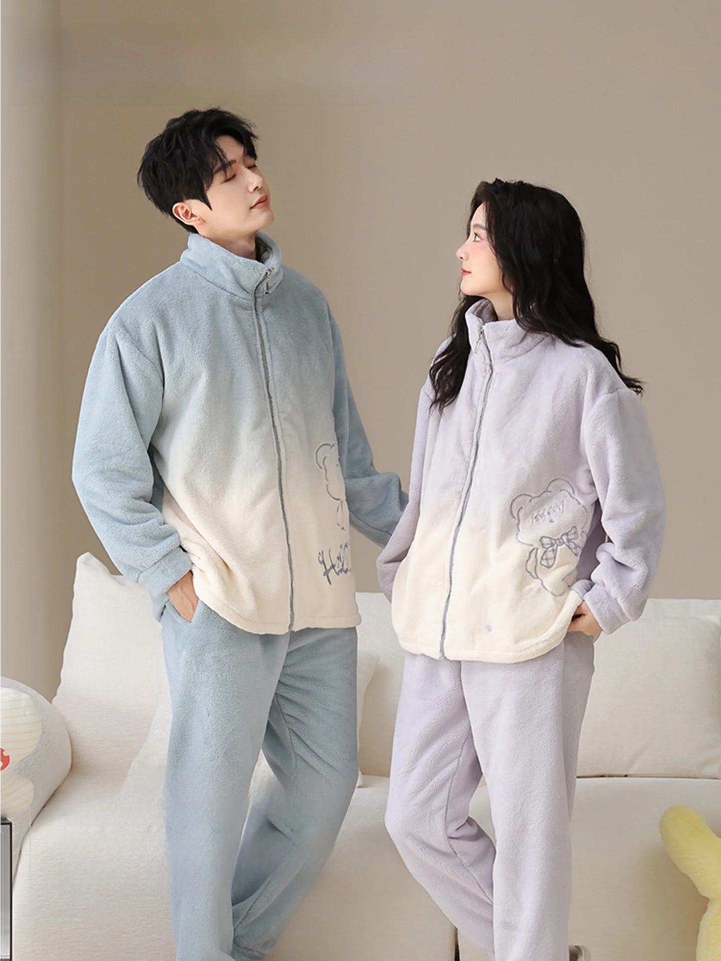 Couple's Coral Fleece Pajamas Thickened Flannel Home Clothes Set Men's Women's Gradient Design Warm Soft Long Sleeve Sleepwear