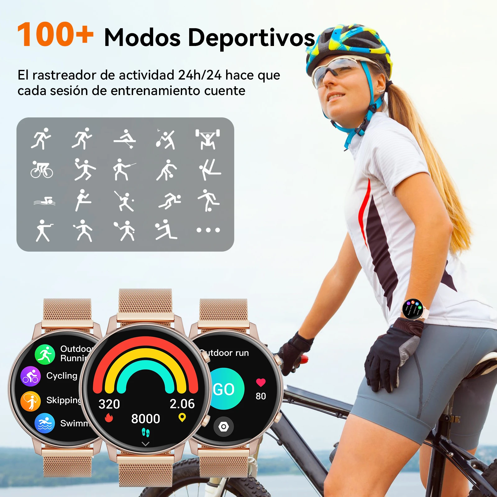 Reloj Inteligente Mujer Oro Rosa Lujo Pantalla Redonda 1.39" Llamada Bluetooth IP67 Resistente al Agua Monitor Ritmo Cardíaco SpO2 Sueño Reloj Fitness Elegante Regalo para iOS Android