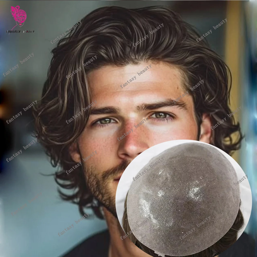 

Мужской парик-накладка V-loop из натуральных волос, 6 дюймов, коричнево-русый, волнистый, 30 мм, с тонкой микро-кожаной основой из ПУ 0,06 мм, с естественной линией роста волос