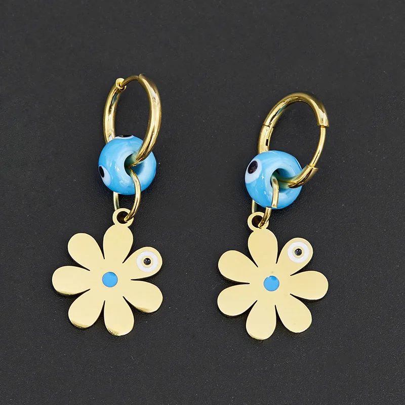 

New Small Fresh Sweet Blue Evil Eyes Flat Flower Fashion Design Sense Round Ear Loop Ear Buckle Women's Titanium Steel Earrings