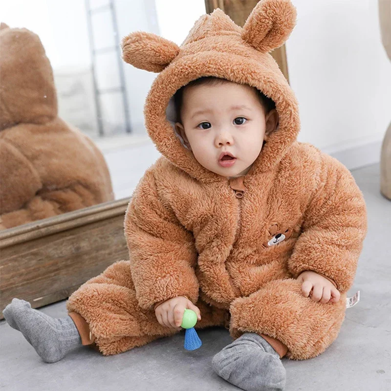 

Baby Boy Clothes Cute Plush Bear Baby Rompers Autumn Winter Keep Warm Hooded Infant Girls Overall Jumpsuit Newborn Romper 0-18M