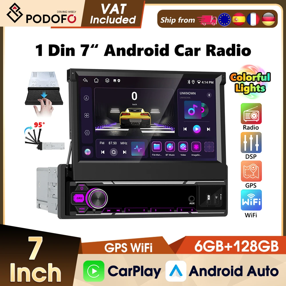 Podofo 1DIN 6+128G Intelligentes Autosystem Carplay Android Auto GPS Mirror Link WIFI GPS FM Auto-Audio Manuelles Teleskop-Display