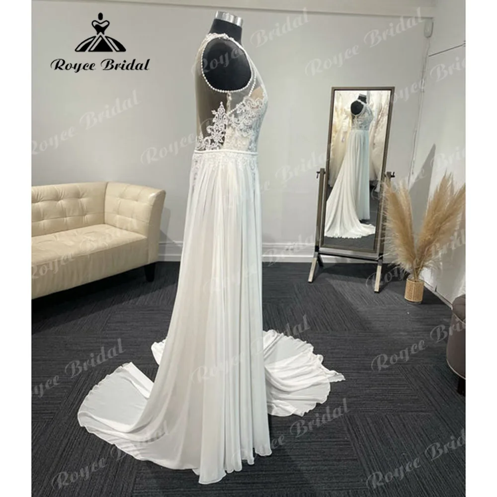 Vintage Halter Lace Appliques Boho Chiffon Flowy Wedding Dress for Women 2024 Bridal Party Gown Custom Made vestido de noiva